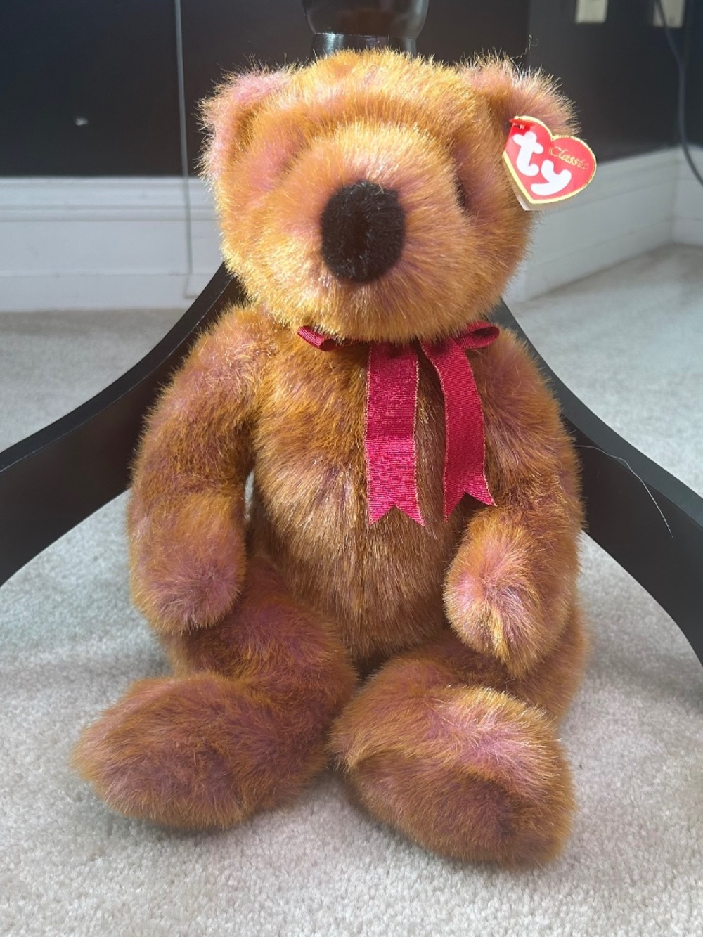NWT Ty Classics Taffybeary-Brown with Purple Tinted Blended Fur & Burgundy Bow